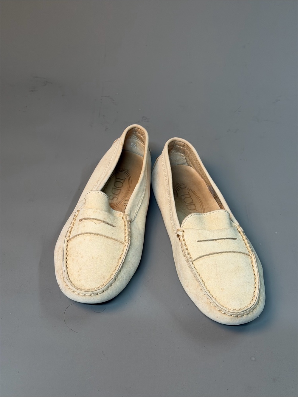 Tod's Cream Suede Penny Loafers